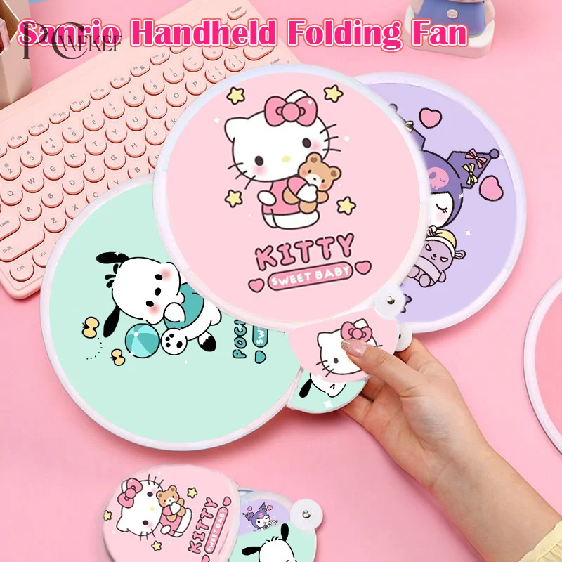 Summer Sanrios Folding Group Fan Kawaii Kuromi Hello Kitty My Melody Portable Fabric Pocket Fans With Storage Bag