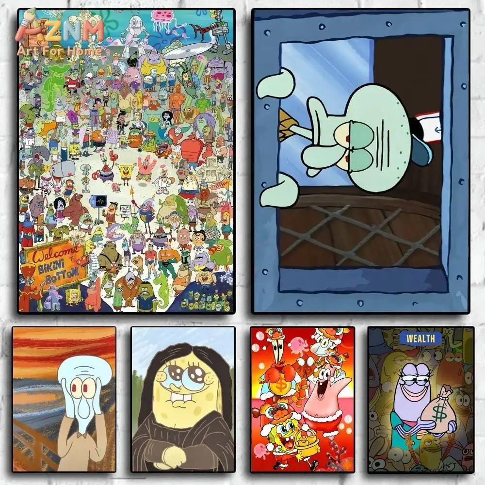 AZNM SpongeBob SquarePants Funny Canvas Wall Art Print, Bikini Bottom Cartoon Characters Meme Poster for Bar Living Room Home De
