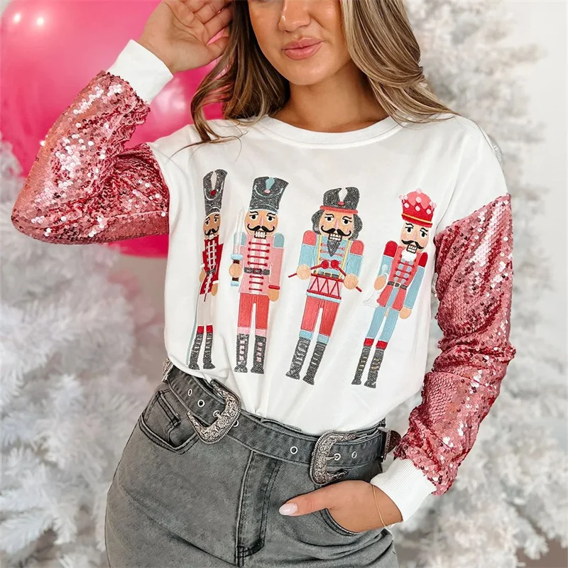 Women Christmas Sequin Sleeve Top Sweatshirt Ladies 2024 New Year Nutcracker Crew Neck Sweatshirt For Women