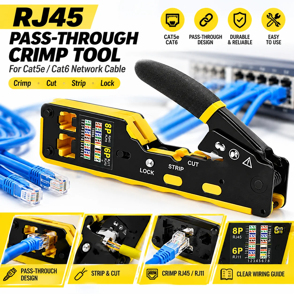Pass Through RJ45 Crimp Tool, Ethernet Crimper for Cat5e Cat6 Network Cables with Replacement Blade for DIY Repair & Installatio