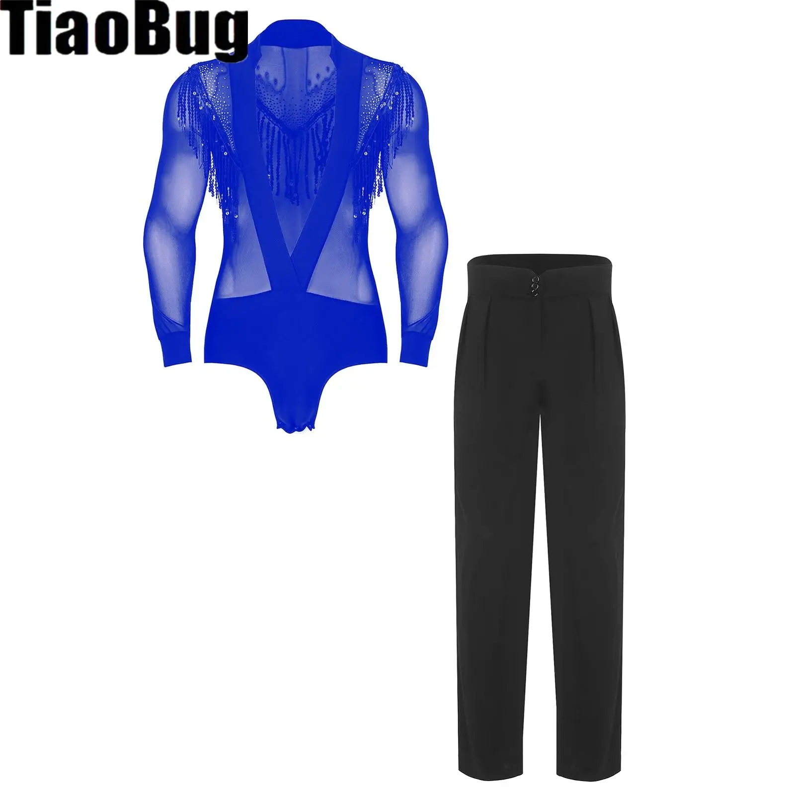 

Men Latin Chacha Dance Outfits Deep V-neck Long Sleeve Sequin Tassel Mesh Bodysuit And High Waist Pants 2-piece Dance Costumes