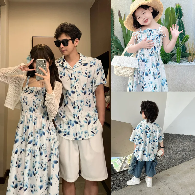 

Family Vacation Look Matching Clothes Korea Mom and Daughter Holiday Dresses Dad and Son Same Beach Shirts Parent-child Clothing