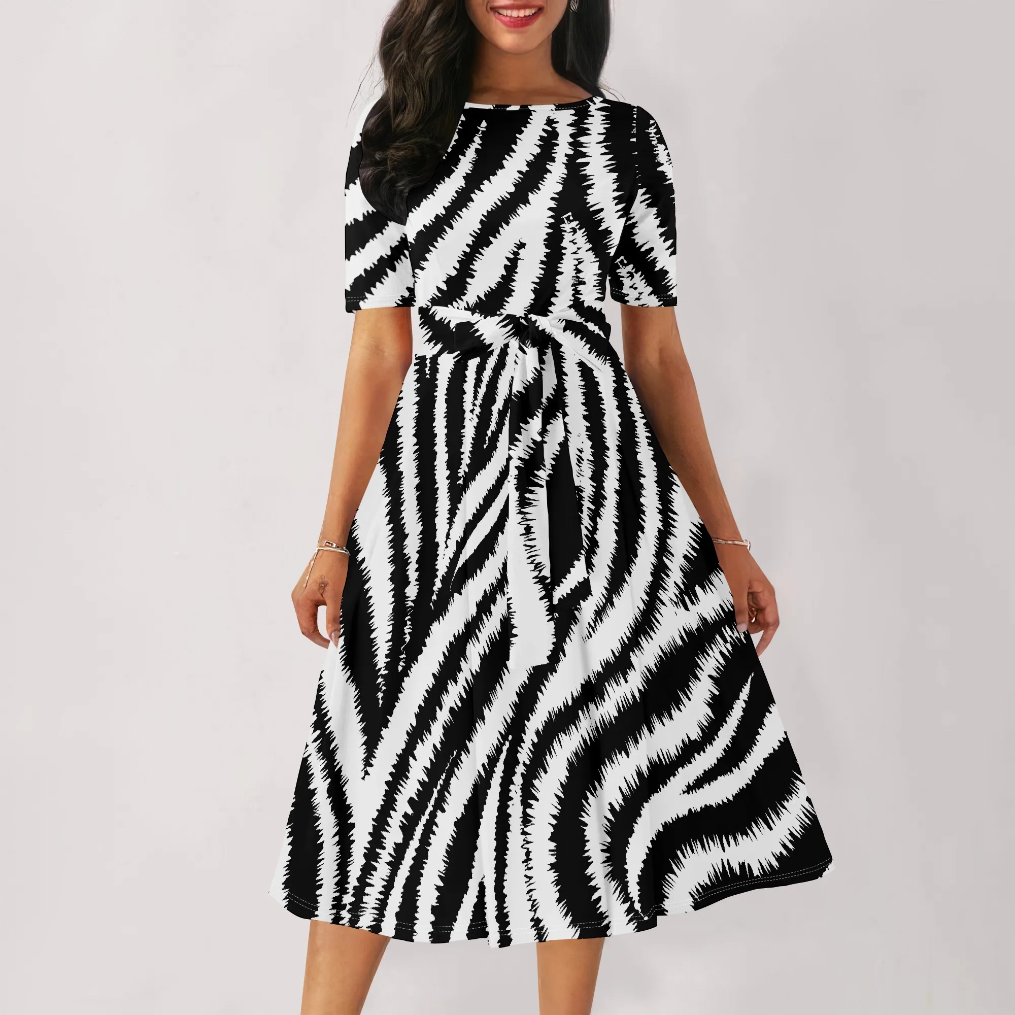 

EQQZD Standard Size Short Sleeve Pocket Dress, Simple Zebra Print Midi Dress with Belt for Women