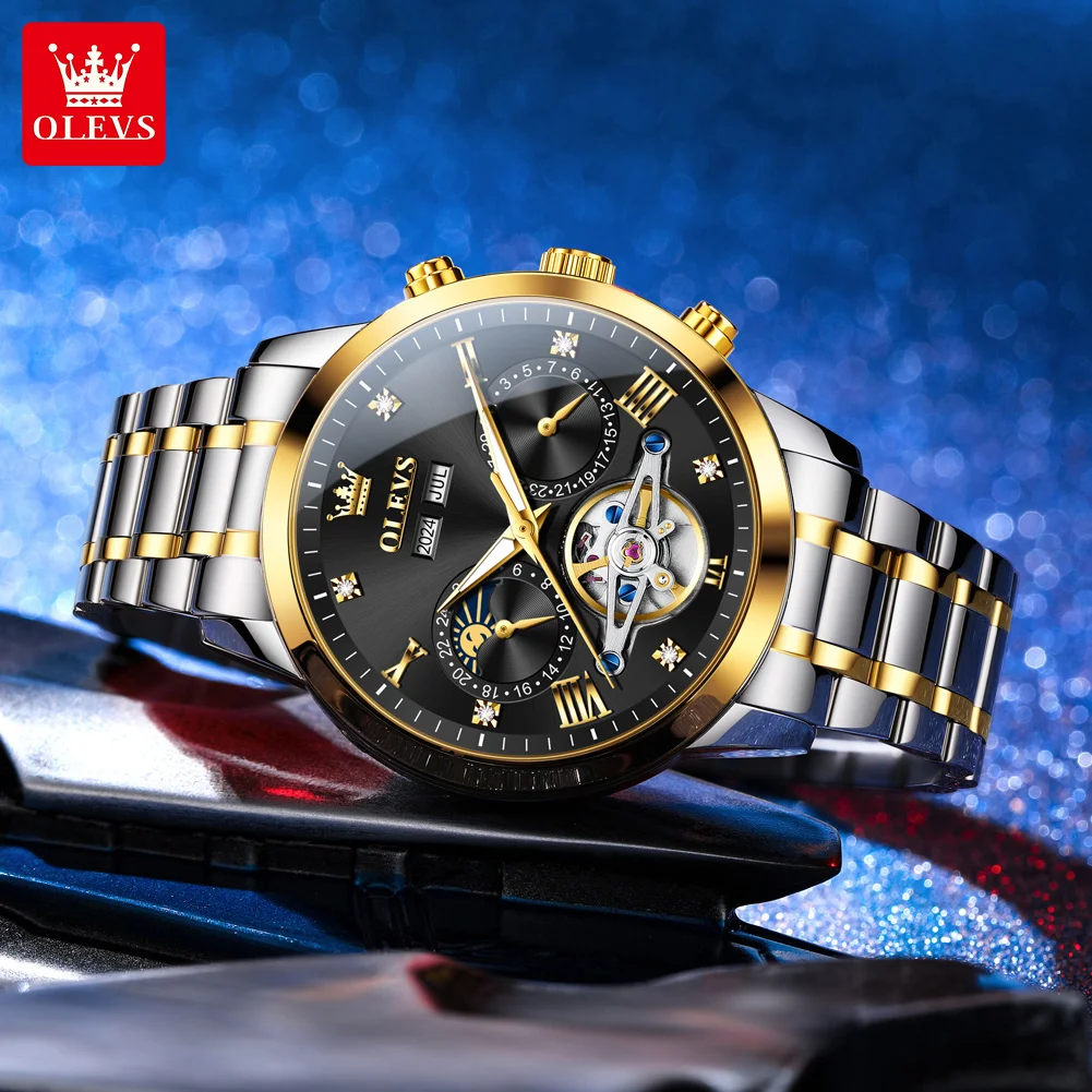 OLEVS 7029 Men Watch All Automatic Mechanical Watch Hollow out  Flywheel Calendar Waterproof Luminous Moon Phase Men Watch Reloj