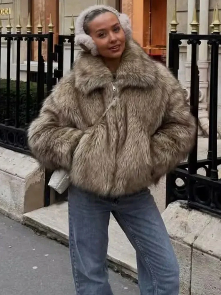 Trendix المرأة الشتاء فو الفراء معطف موضة التلبيب المرقعة سحاب أكمام طويلة سترة معاطف الشارع ملابس خارجية فضفاضة دافئة غير رسمية