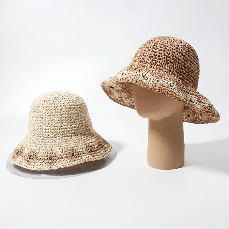 女性用夏用手編みペーパーストローハット折りたたみ式日よけビーチバケーションキャップ