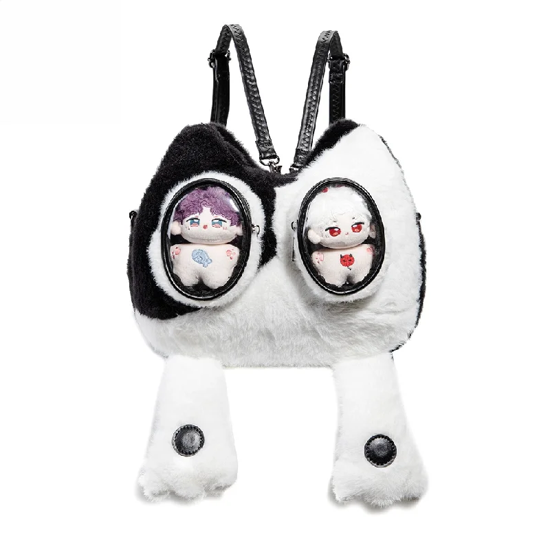 Cute Cat Ear Plush Ita Backpack Double Clear Pockets Anime Doll Display Bag for Girls Teens Soft Velvet Surface Large Capacity