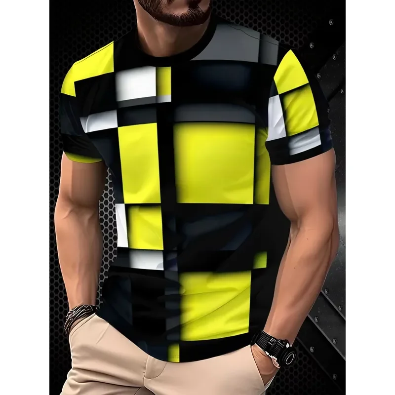 3D Digital Print Men Crew Neck Short Sleeve Tee Full Body Square Pattern Modern Streetwear Casual Top 2026 Fashion Trend