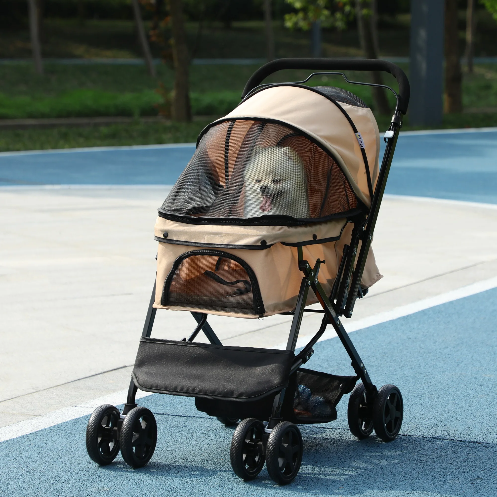 Hundewagen Hundebuggy klappbar, 1 Korb, 2 Bremsen, inkl. Sicherheitsleine, Hellbraun