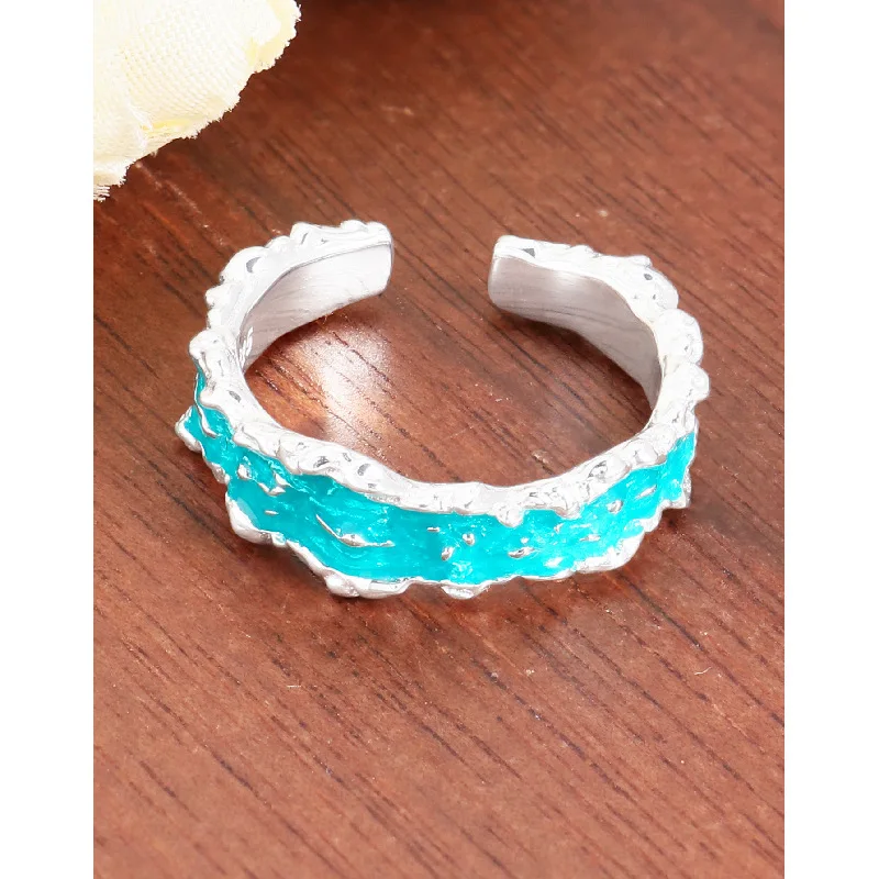 F.I.N.S Original S925 Sterling Silver Ring Irregular Fold Texture Blue Drip Oil Opening Adjustable Finger Jewelry for Women
