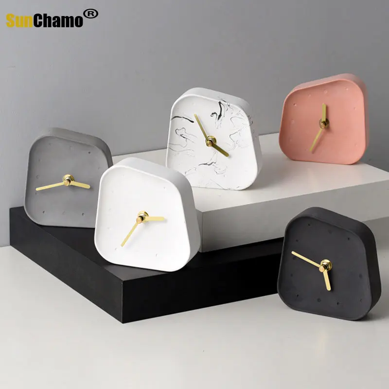 Nordic Style INS Shaped Cement Clock Desk Home Living Room Decoration Bedroom Quiet Small Table Clock Home Decor