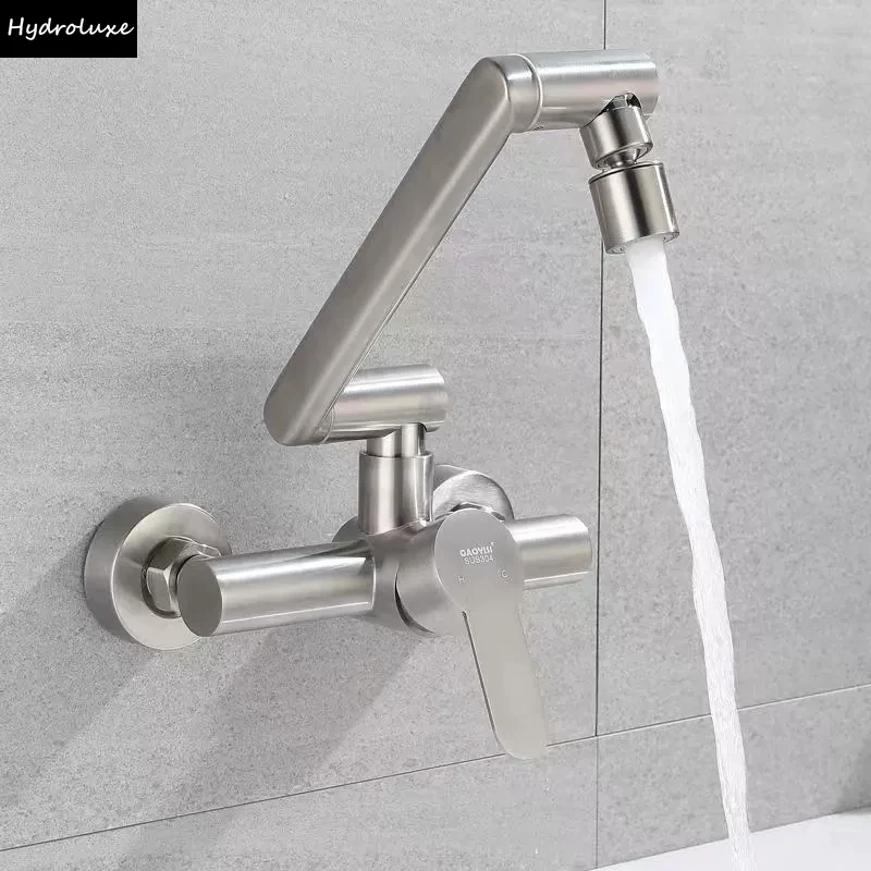 Stainless Steel Wall Mounted Kitchen Faucet Bathroom 360° Swivel Spout Hot Cold Mixer High Pressure Sink Tap Kitchen Accessories