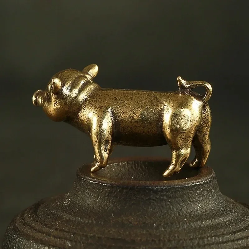 Retro Brass Handmade Pig Miniatures Figurines Desk Ornament Metal Copper Animal Model Toy Tea Pets Decoration Crafts Accessories