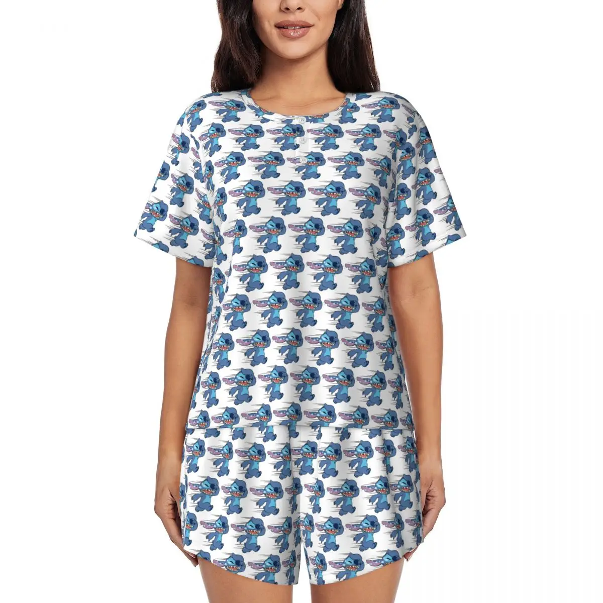 

Stitch TV Cartoon Animation Pajamas Set Women Short Sleeve Sleepwear Loungewear 2 Piece Pjs