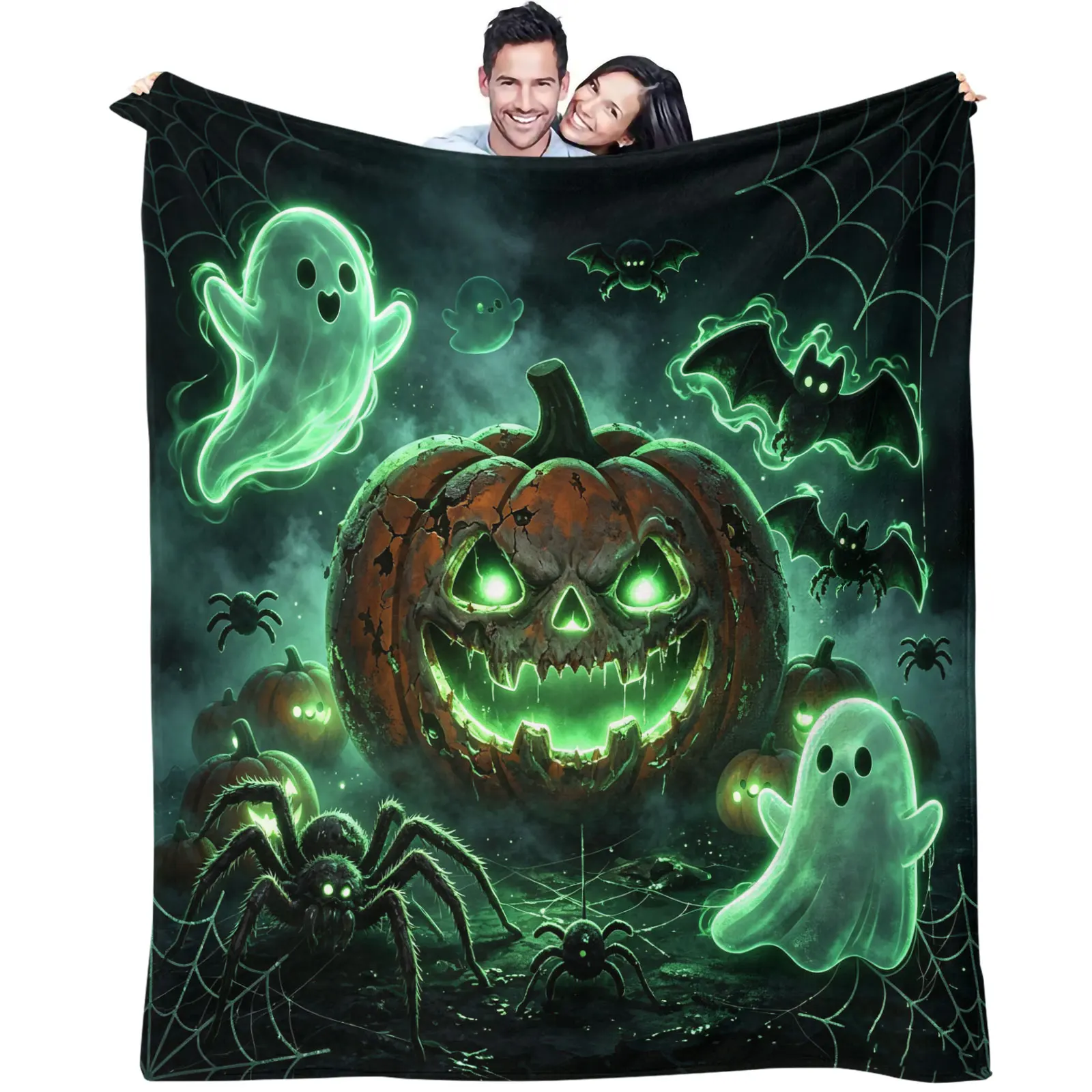 Horror Halloween Throw Blanket Neon Green Glowing Jack‑O'‑Lantern Ghost Spider Web Printed Lightweight Flannel Blanket for Sofa