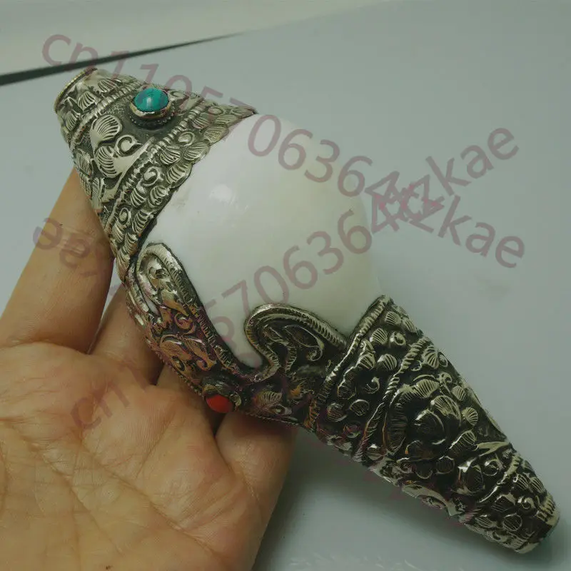 

5,9-дюймовая тибетская буддийская резная медная декоративная раковина из белого раковина, ручная работа, Непал