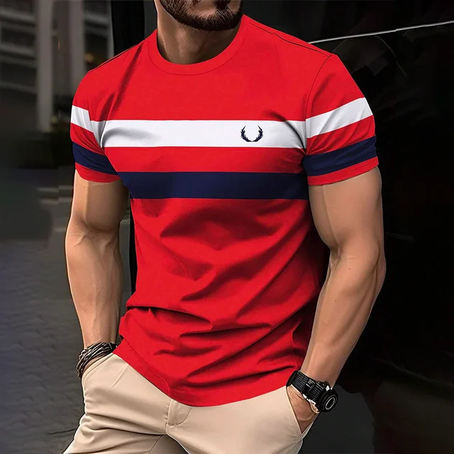 

Simple Casual Striped Print T-Shirt For Men Fashion Streetwear Tees Summer Short Sleeve Male Clothing Loose Oversized Tops