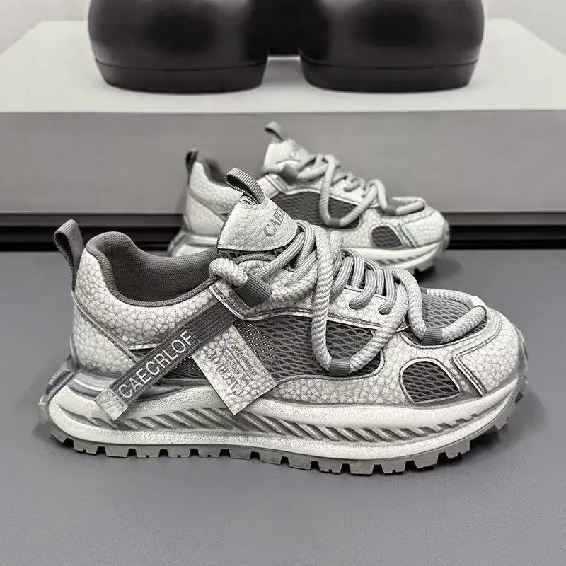 2026 New Men's Gray Chunky Dad Shoes Distressed Platform Sneakers Breathable Mesh Streetwear Casual Walking Trainers for Men