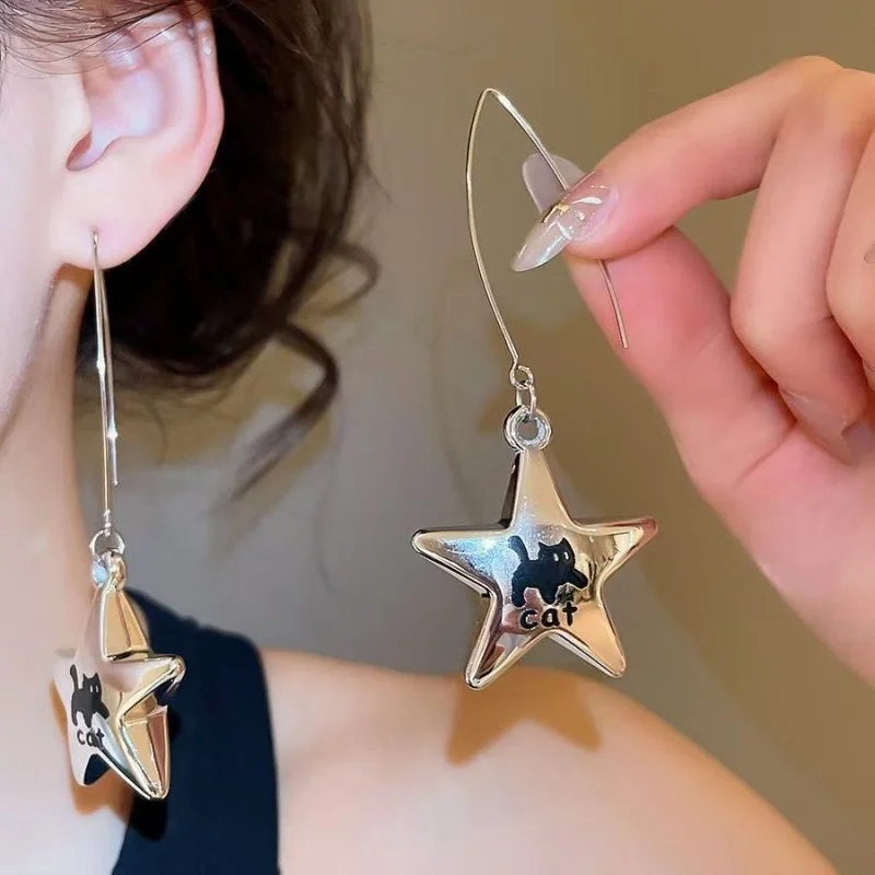 Silver Star Cat Drop Earrings for Women, Y2K Long Tassel Threader Earrings, Cute Kitty Dangle Ear Accessories