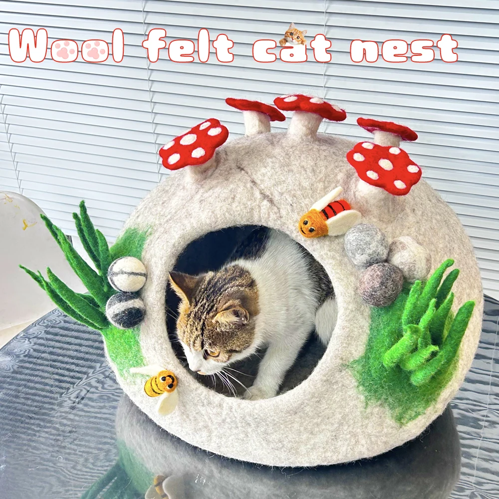 

Полностью ручное кошачье гнездо, шерстяной фетр, киска, пещера, лесной стиль, кровать для домашних животных, рождественский зимний теплый дом для котенка, интерактивный дом для щенков
