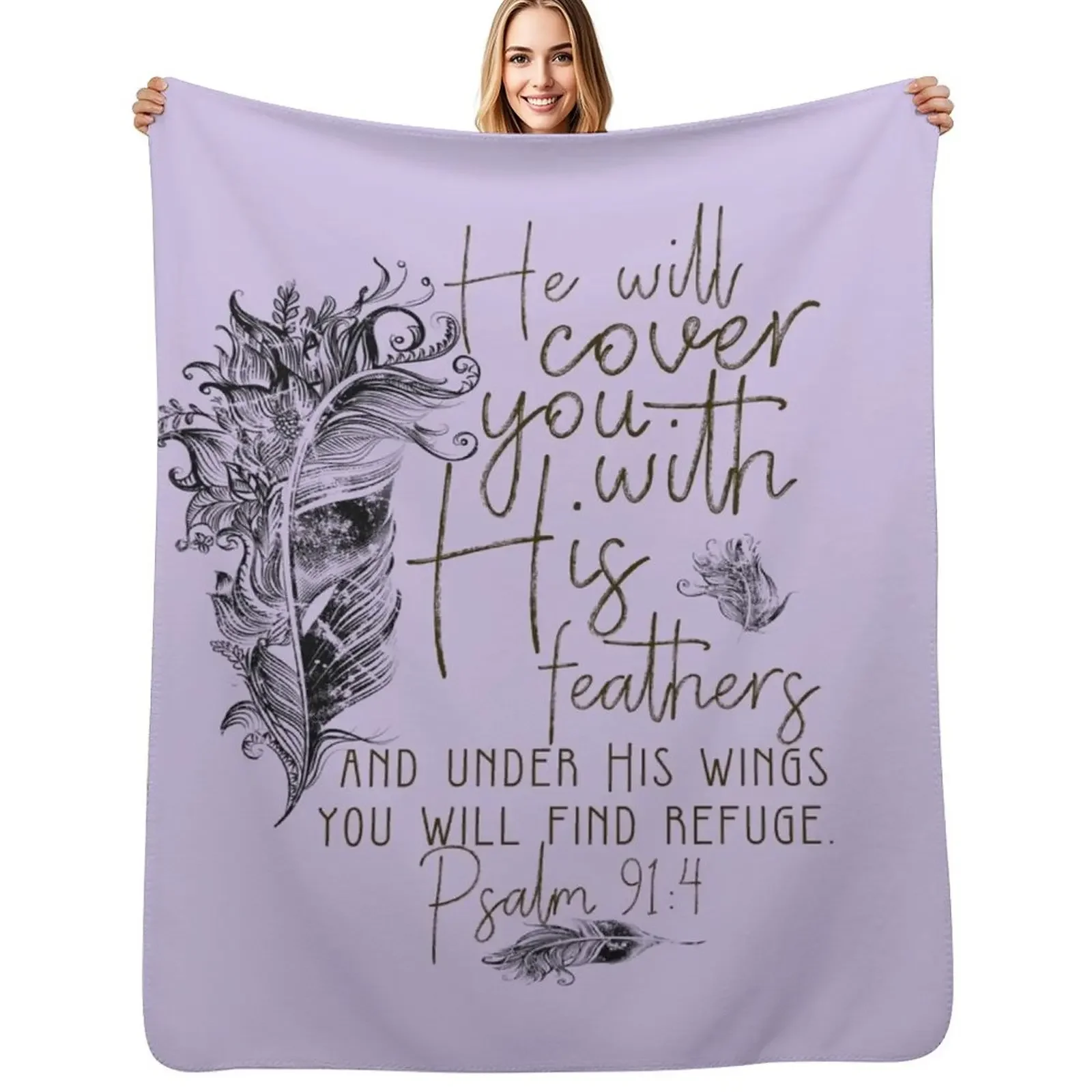 

Psalm 91:4 Bible Scripture Feather Design Throw Blanket for winter Softest Luxury St Blanket