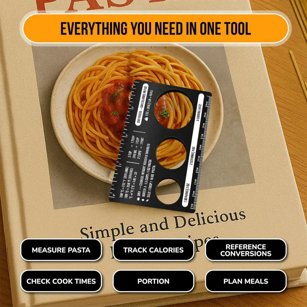 Metric Ruler Stainless Steel Pasta Portion Measure Tool with Cooking Guide Spaghetti Measurer with Ruler Calorie Chart Portable