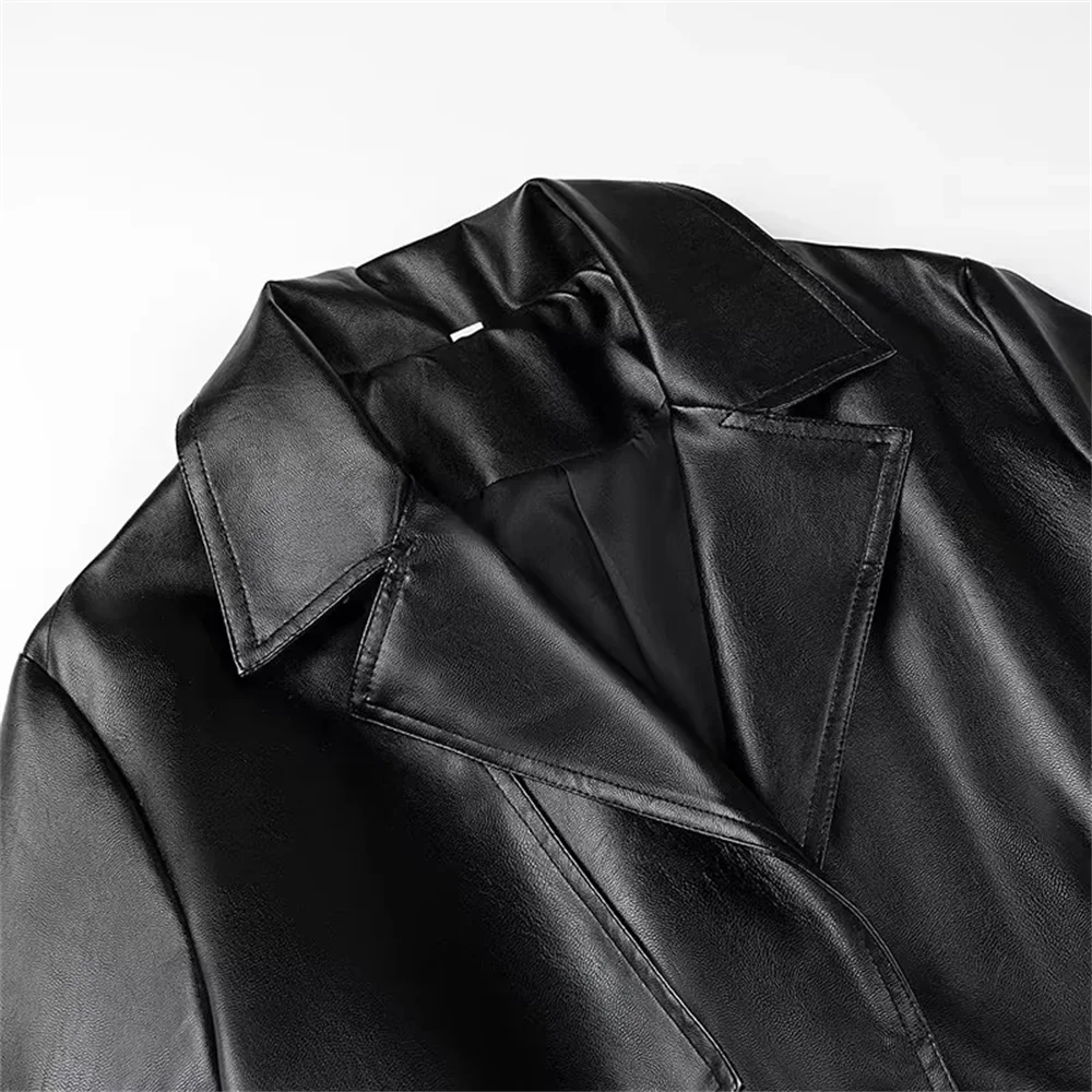 Autumn new product commuting high-end feeling with belt, black imitation leather loose long windbreaker jacket