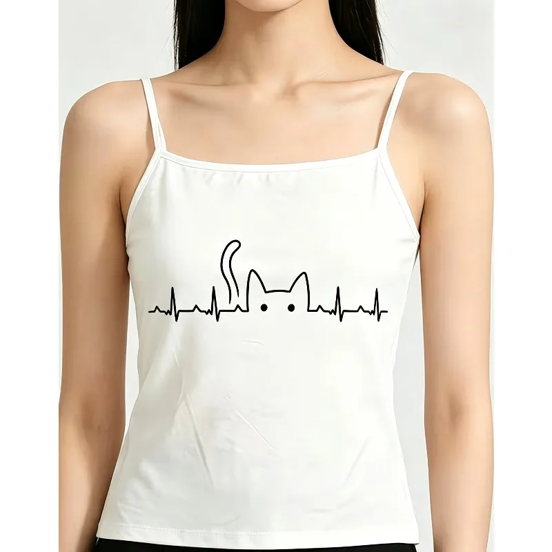 Women Minimalist Cat Heartbeat Line Print Spaghetti Strap Tank Top Cute Kitty ECG Outline Graphic Daily Casual Summer Vest