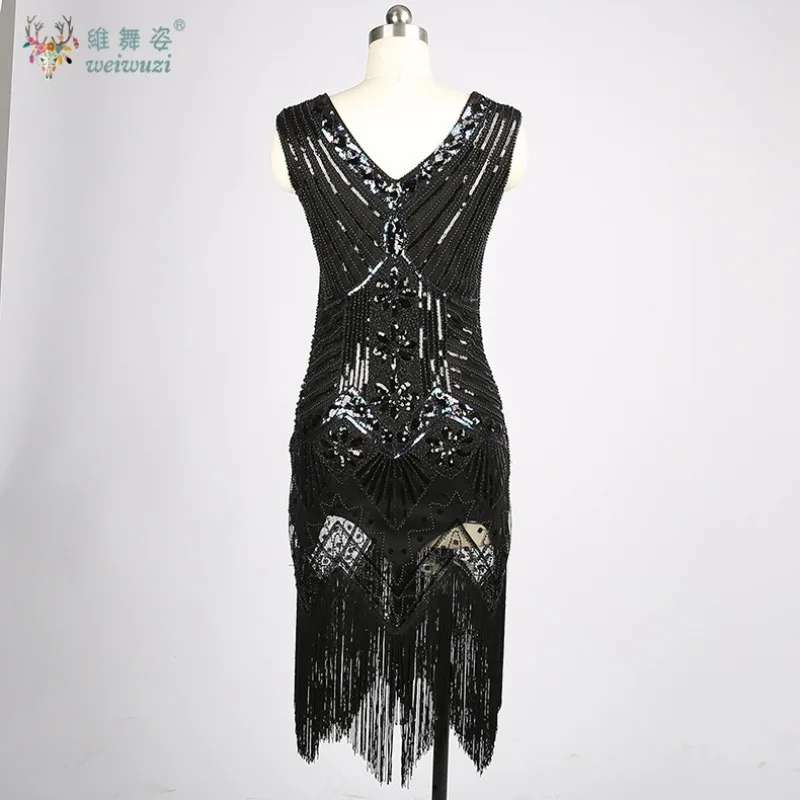 1920년대 여성 빈티지 드레스 V넥 민소매 비즈 스타일 고급스러운 연회 칵테일 파티 시퀸 태슬 이브닝 드레스