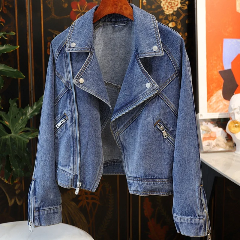

New Retro Women's Lapel Zipper Motorcycle Denim Jacket Cool Girl Denim Top Fashion and Versatile Design High-quality Denim Coat