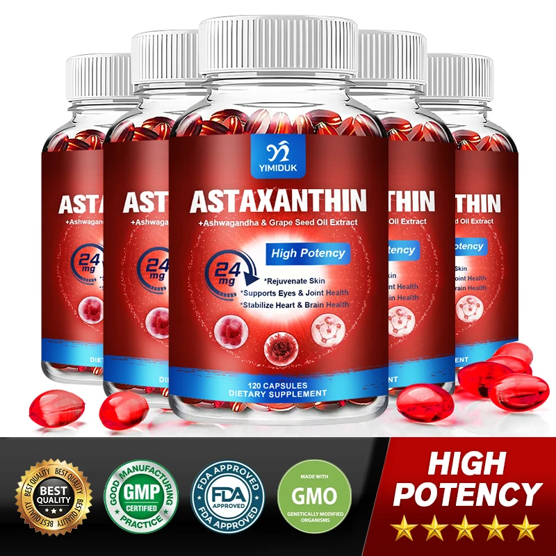 Astaxanthin Supplements 24mg, Fresh Microalgae Source w/Grape Seed Oil, Ashwagandha, Antioxidants for Healthy Skin, Eyes, Joints