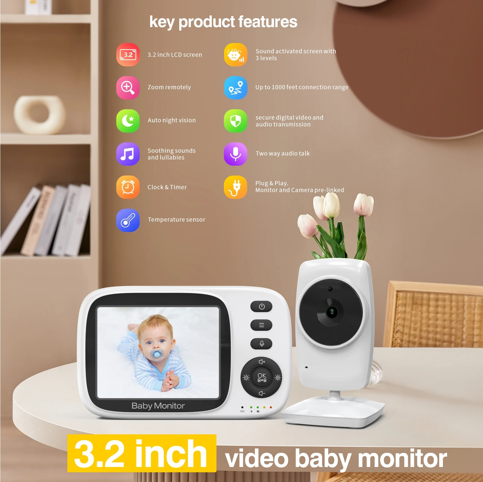 Best Selling Smartree MC632 Wireless 720P Two-Way Audio Night Vision Pan-Tilt IP67 Waterproof 3.2inch Screen 300M Baby Monitor