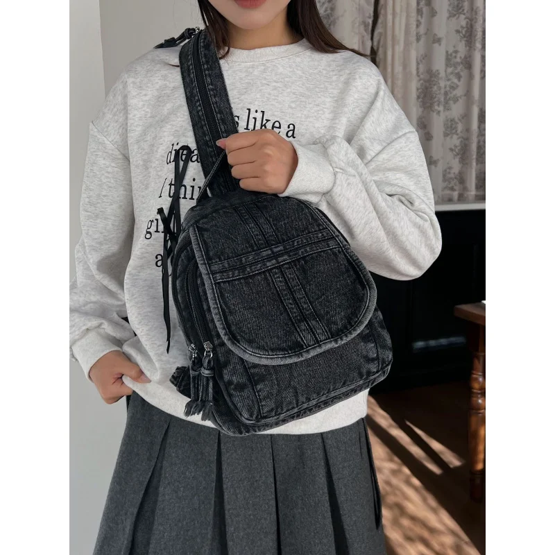 Vintage Washed Denim Women's Multifunctional Backpack Large Capacity New Crossbody Bag Trendy Fashion Shoulder Bag