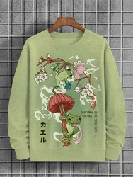 2024 Fashion New Men's Long Sleeve Tops Japanese Country Core Art Frog Floral Print Casual Round Neck Sweater Large Size