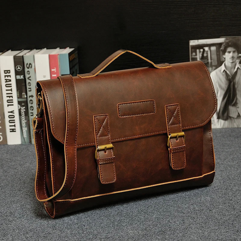 Maleta de couro PU retro Crazy Horse, bolsa masculina, bolsa de ombro, grande capacidade, marca de luxo, bolsa de arquivo