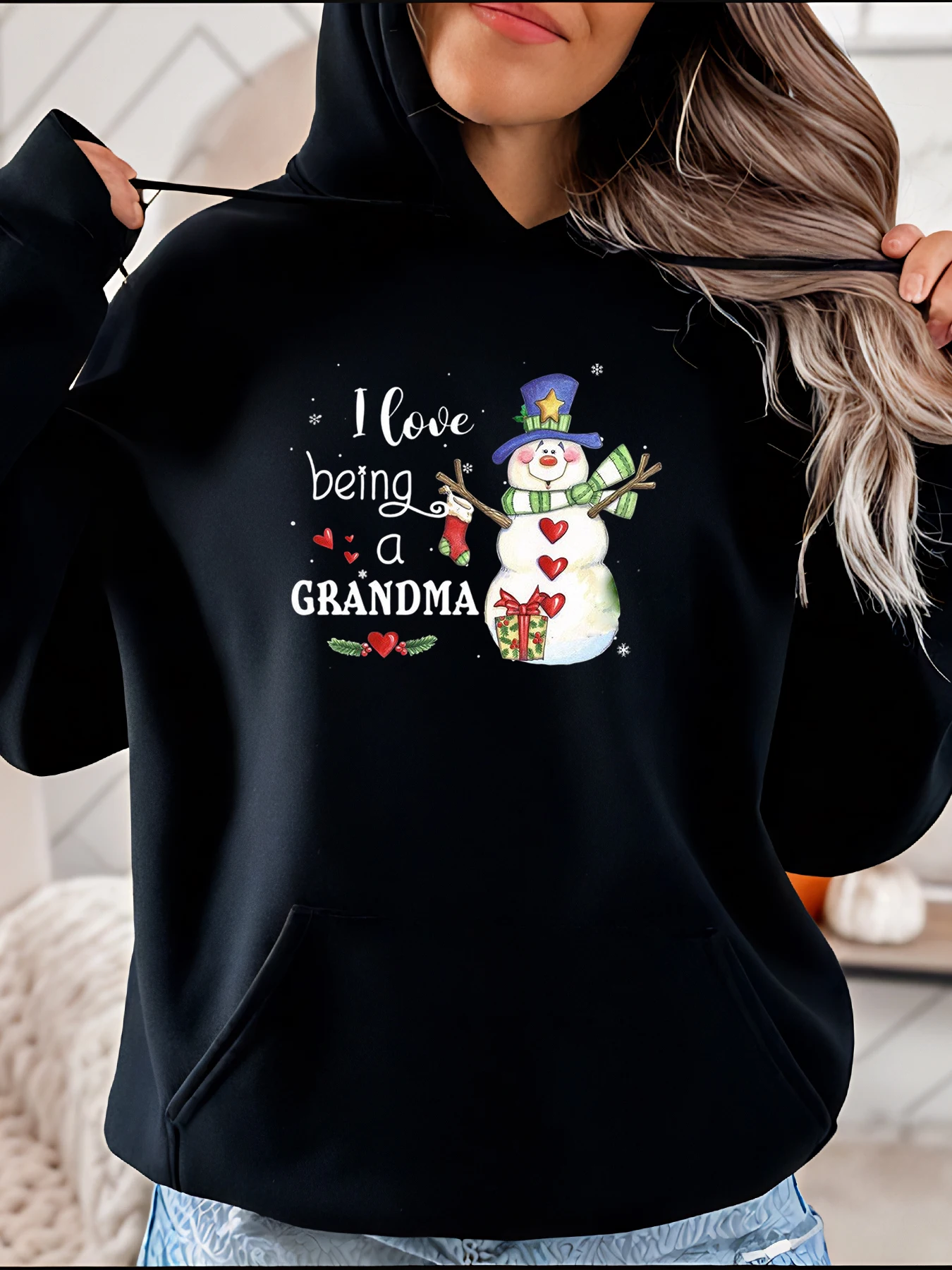 

Рождественская толстовка с капюшоном «Я люблю бабушке», с принтом снеговика, женская повседневная зимняя толстовка, подарок для бабушки 280