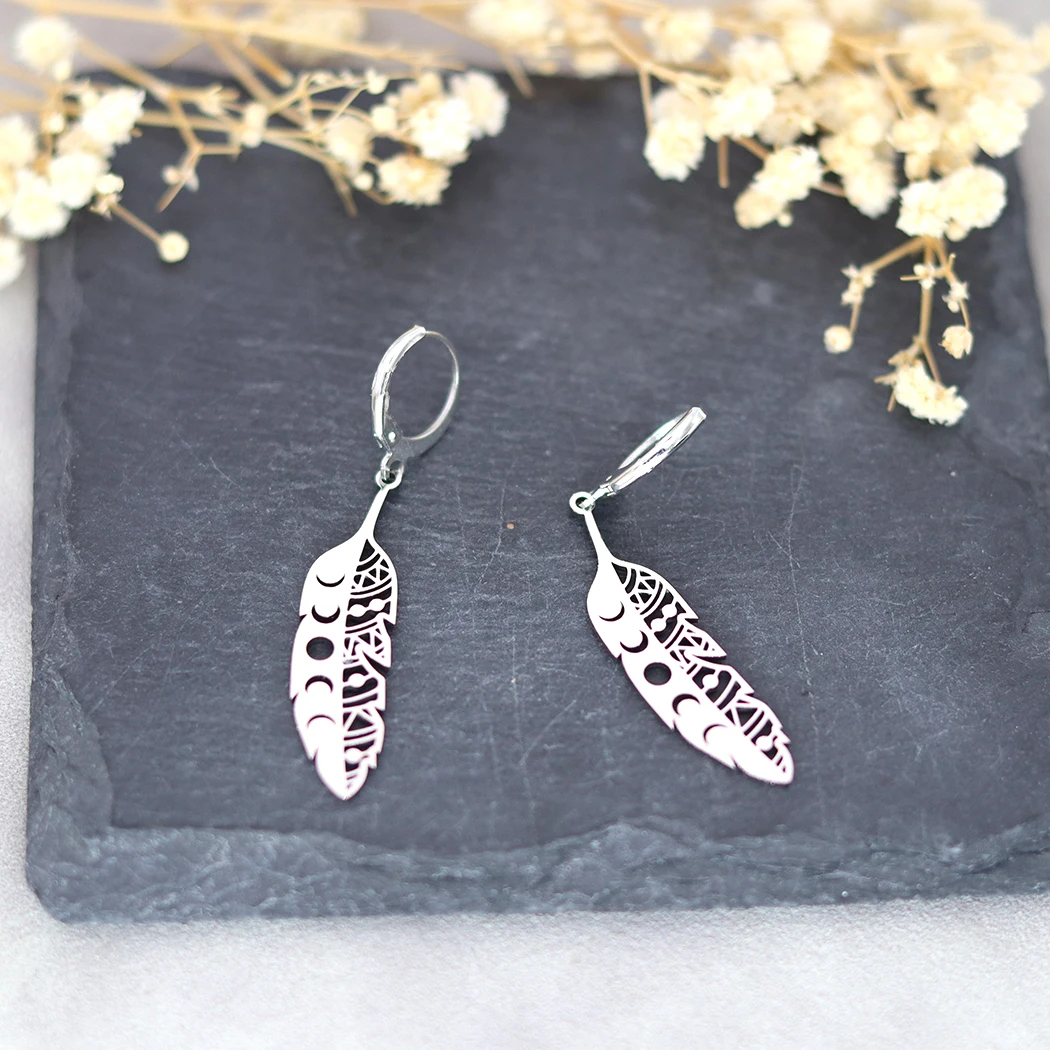 Kinitial Bohemia Leaf Leaves Moon Drop Earrings For Women Stainless Steel Jewelry Handmade Earring