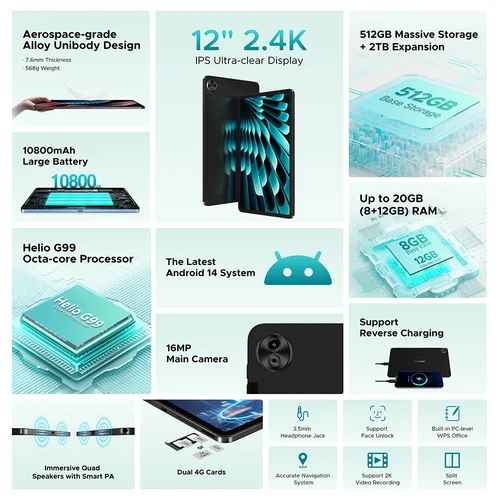 Imagen 2 del producto Estreno mundial DOOGEE T40 Pro Tablet 12 ""IPS 2,4 K 20GB(8+12) 512GB Android 14 Helio G99 6nm 10800mAh 18W carga 7,6mm ultrafino
