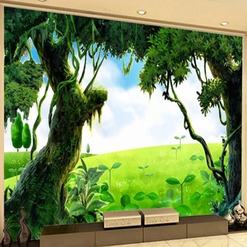

Фотообои на заказ с мультяшным лесным пейзажем: деревья, природный ландшафт, настенная роспись для гостиной, спальни, зоны ТВ, над диваном