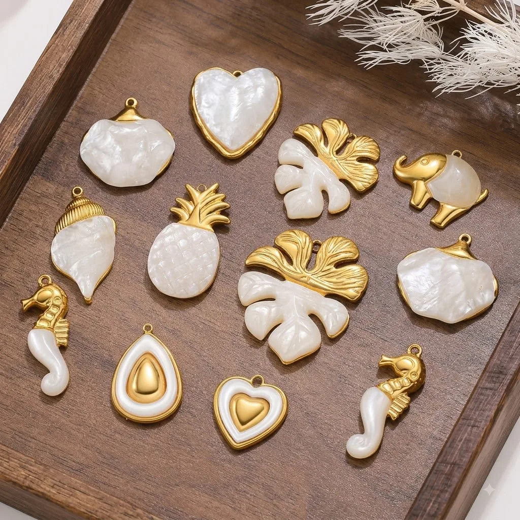 2 Stück/Set Edelstahl-Ozean-Serie Anhänger für Schmuckherstellung Blatt Seestern Seepferdchen Muschel Anhänger DIY Halsketten-Anhänger Bastelzubehör – Detail 1