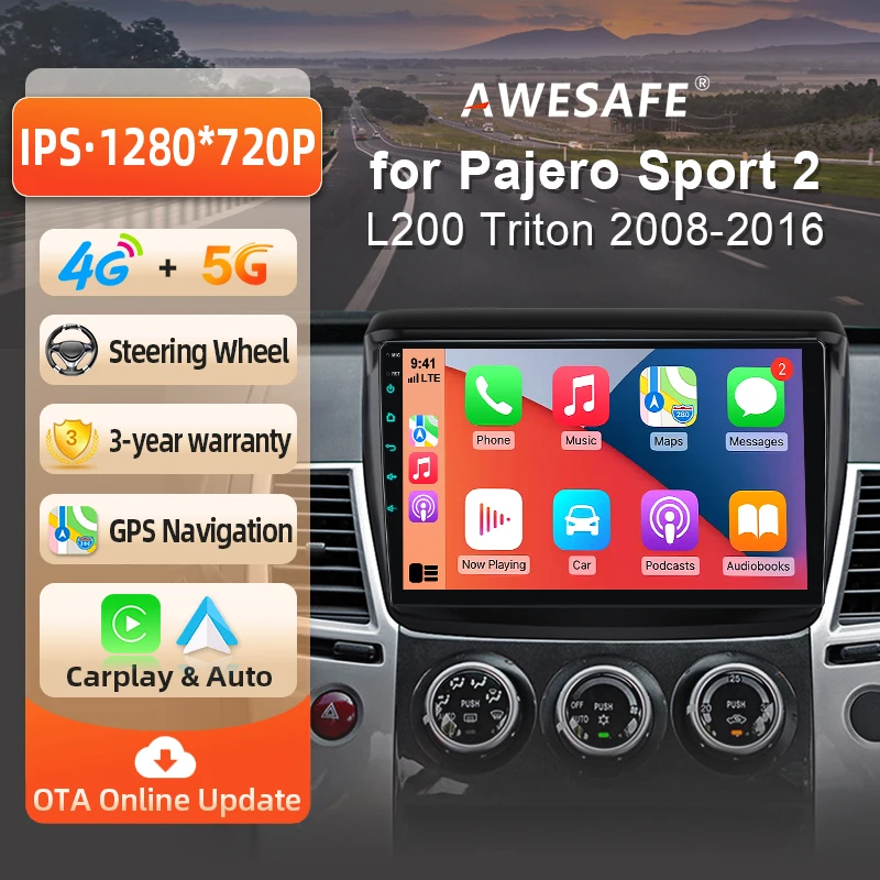 Autoradio Android AWESAFE 9 pouces pour Mitsubishi Pajero Sport 2 2008-2016 L200 Triton 2006-2014, CarPlay sans fil et Android Auto, navigation GPS, support multimédia, commande au volant, amplificateur de subwoofer, caméra arrière, prise EU, Plug and Play, DAB+, autoradio numérique 2 DIN