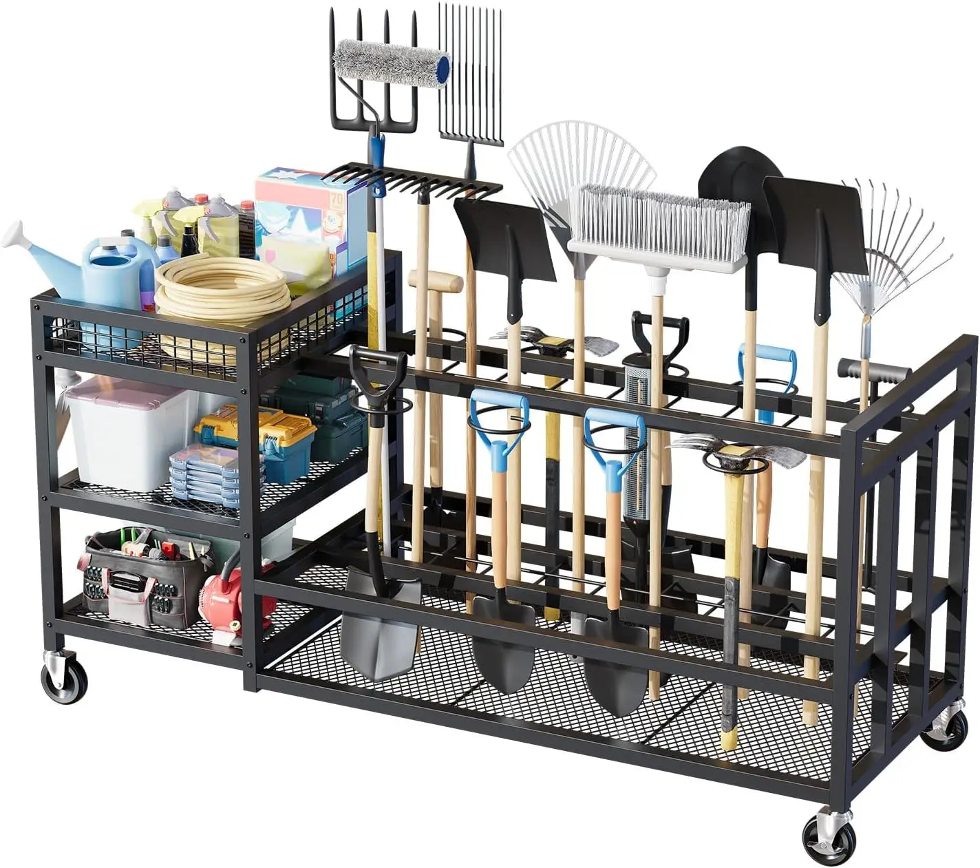 

Movable Garden Tool Rack with Wheels, Heavy Duty Metal Storage for Long-Handled Tools in Garage, Shed, or Garden