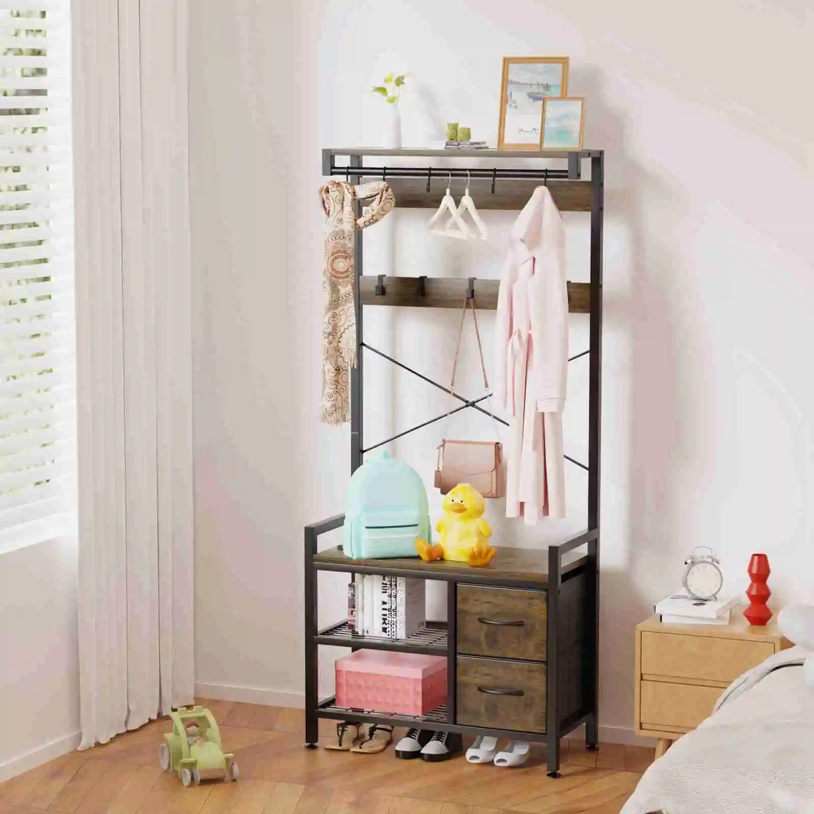 

Multifunction Hall Tree for Entryway 5 in 1 Coat Shoe Rack with Bench Shelves Drawers Hooks Brown 5 in 1 Multifunction Hall Tree