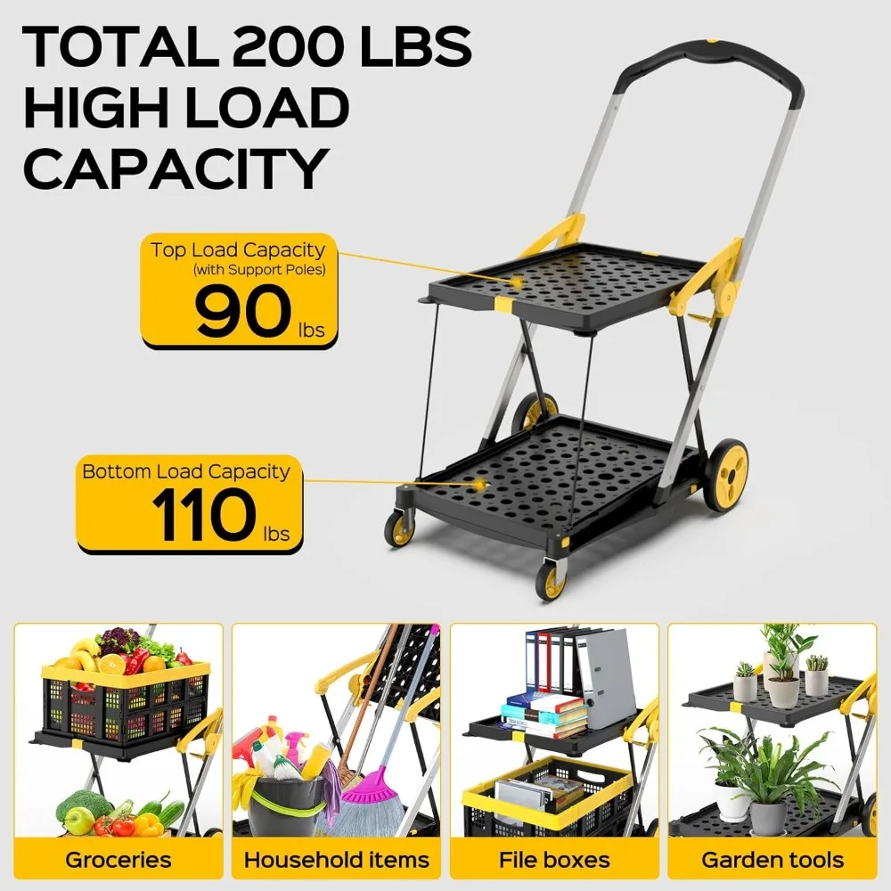 عربة تسوق قابلة للطي بعجلات، عربة بقالة بسعة تحميل 200 رطلاً مع صندوق تخزين، شاحنة يدوية بمنصة مع مسند للقدمين #5