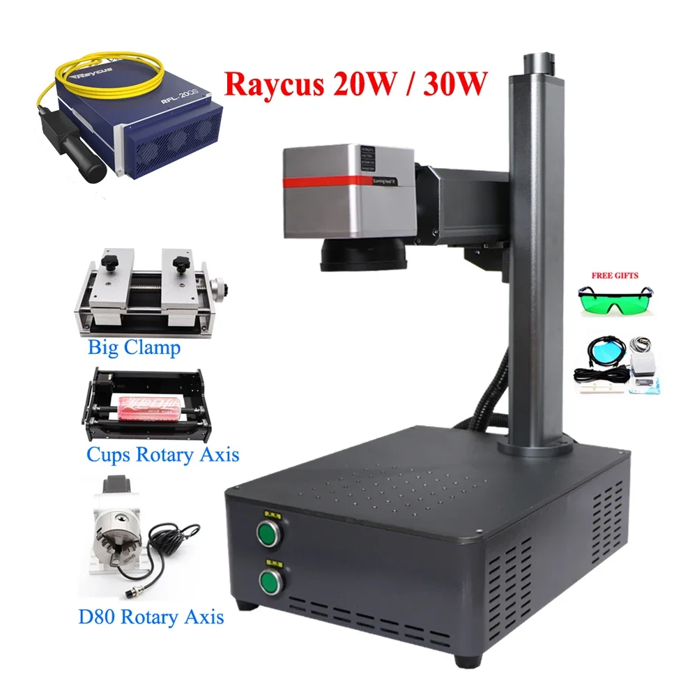 Raycus 20W 30W Mini Fiber  Marking Machine Galvo Scanner Align Optical Nameplate Engraver EZCAD2 with Rotary Axis Clamp