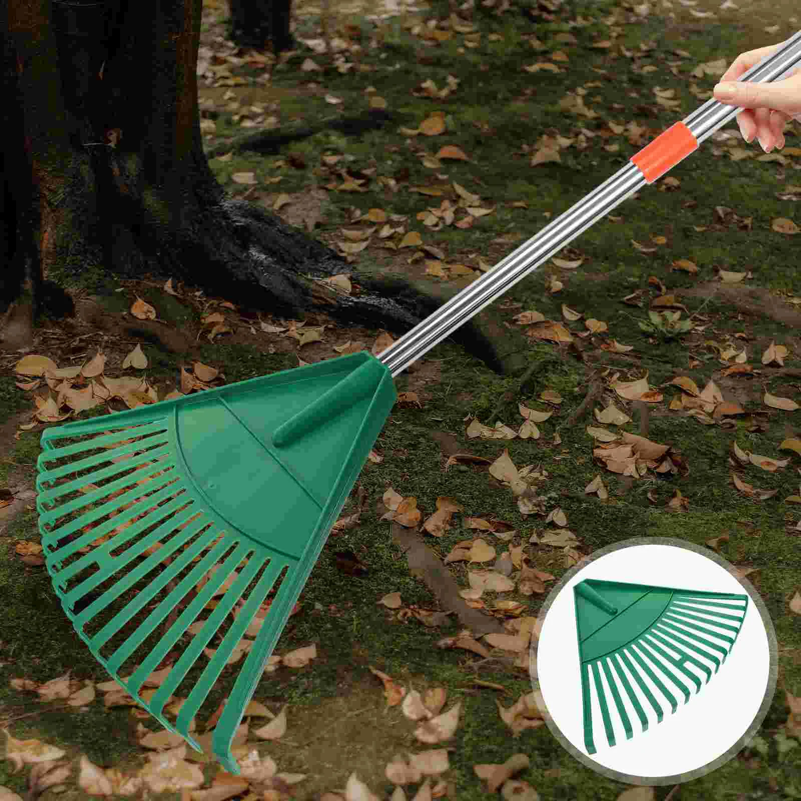 Rastrillo de hojas de jardinería, herramienta de plástico para césped, compacto y ligero para limpiar hojas, agujas de pino, desechos, corte de césped, setes, verde