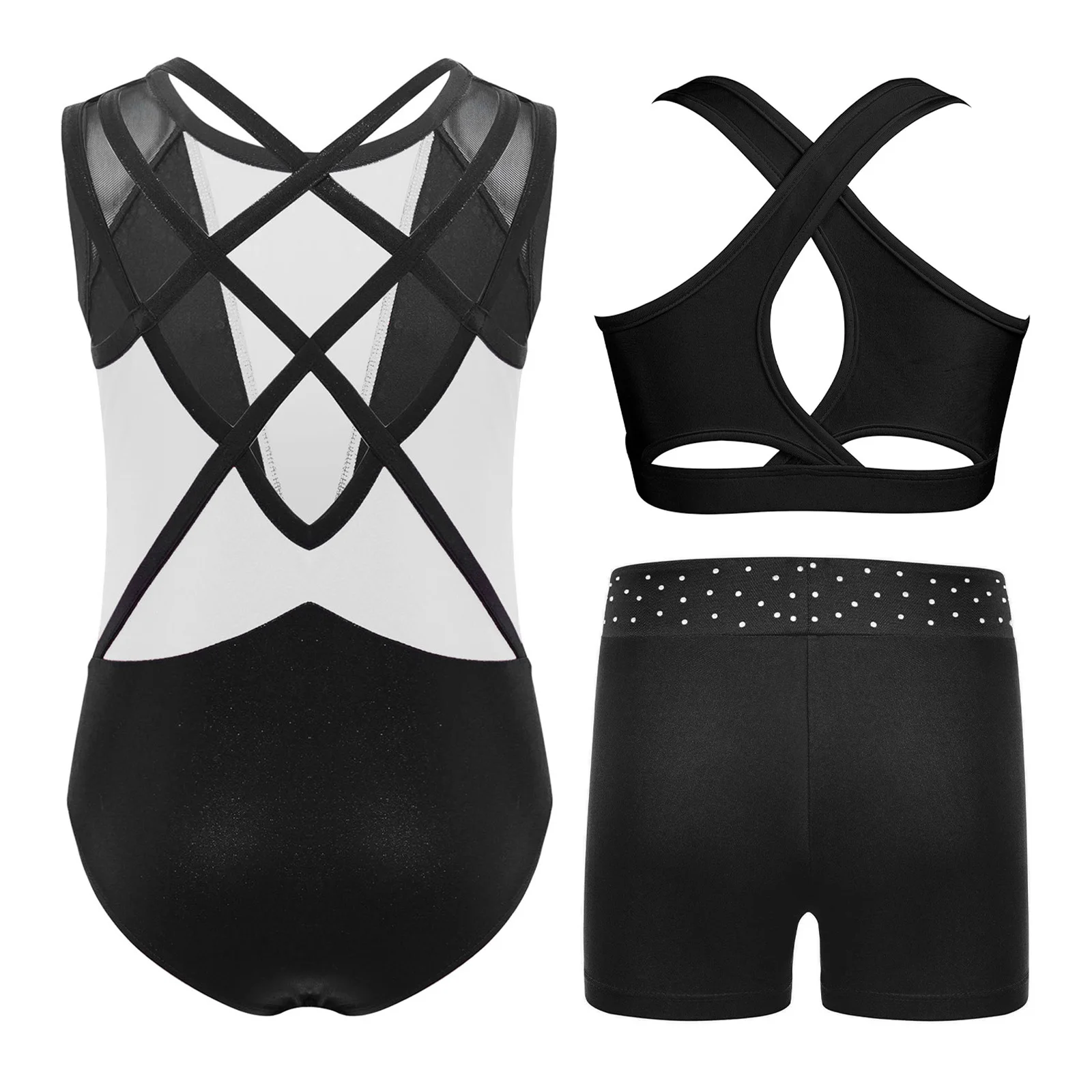 Girls Ballet Dance Gymnastics Outfit Round Neck Sleeveless Shiny Rhinestones Leotard with Cross Back Vest And Waistband Shorts