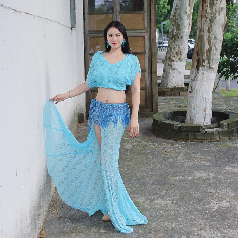 

Новинка 2025 года, тренировочный комплект для танца живота, продвинутый сексуальный кружевной костюм для выступлений, темпераментная тренировочная одежда, светло-голубой комплект для похудения