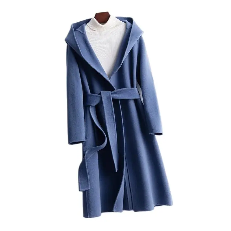 Autumn Women Wide Laple Hooded Woolen Coats Regular Length Cashmere Long Coats Open Stitch Belt Winter Clothes Tops Abrigo Mujer