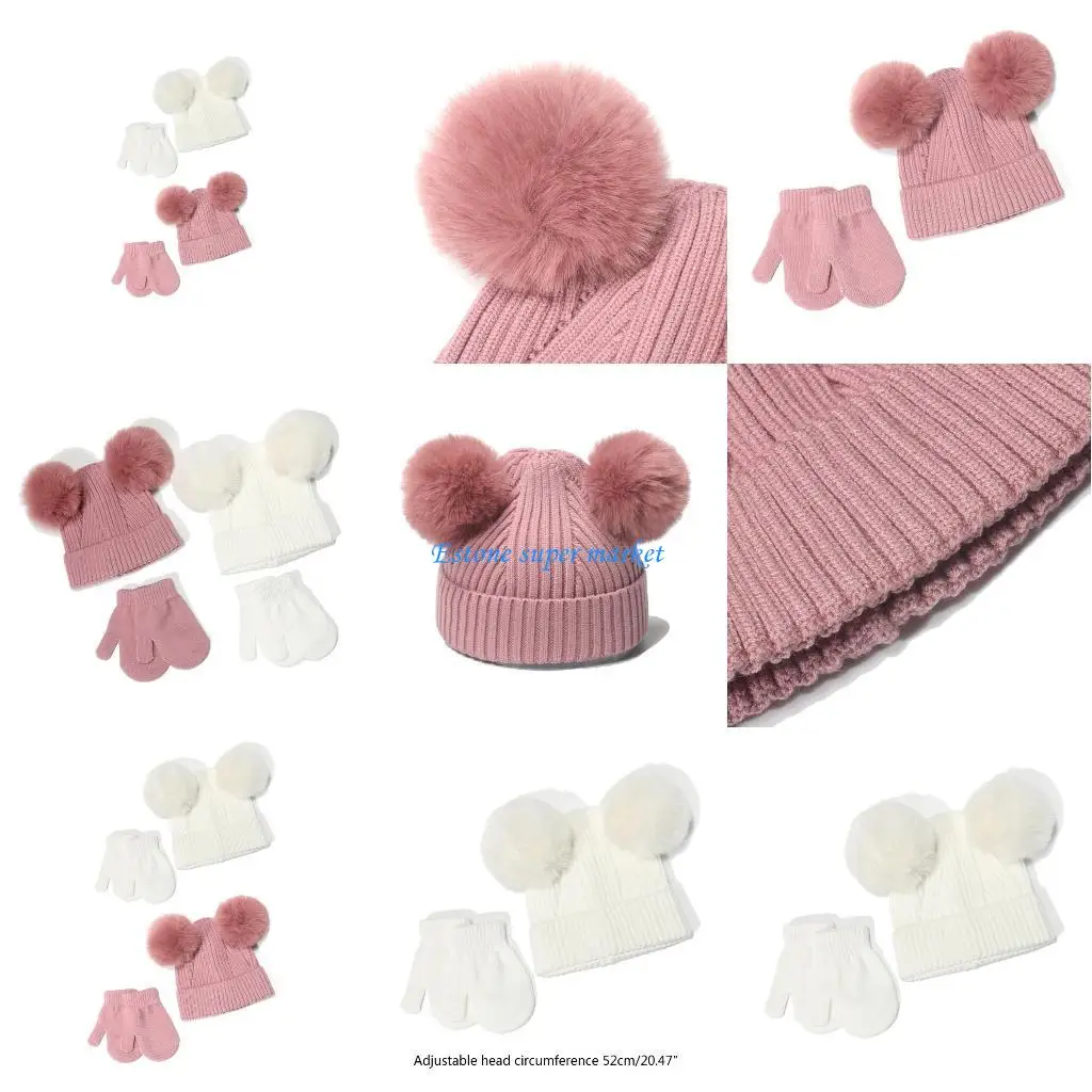 

090B Knitted Baby Winter Hat & Gloves Balls Beanie Hat Windproof Cycling Gloves Toddler Headwear Unisex Clothing Accs